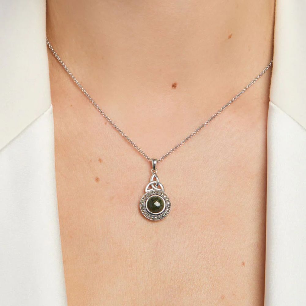 Connemara Marble and Marcasite Celtic Round Trinity Necklace
