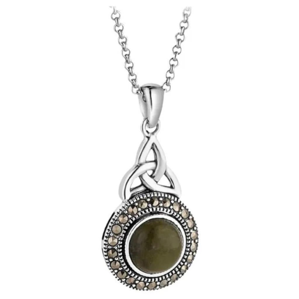 Connemara Marble and Marcasite Celtic Round Trinity Necklace