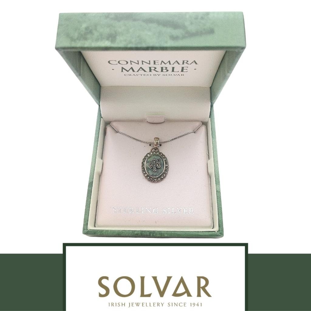 Connemara Marble and Marcasite Oval Shamrock Necklace