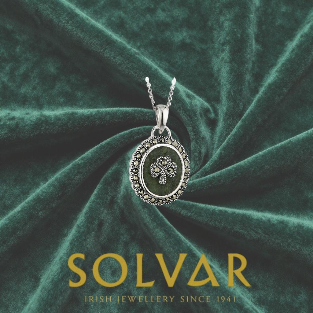 Connemara Marble and Marcasite Oval Shamrock Necklace