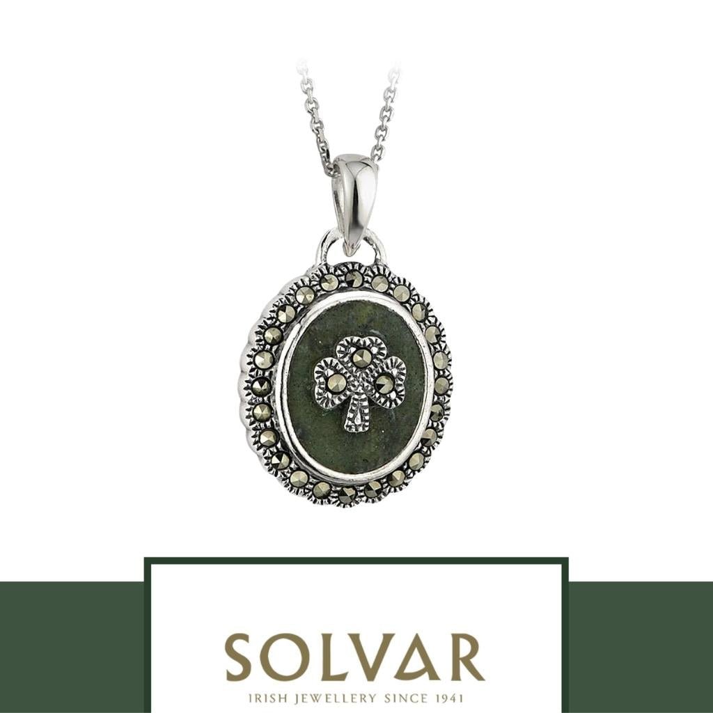 Connemara Marble and Marcasite Oval Shamrock Necklace