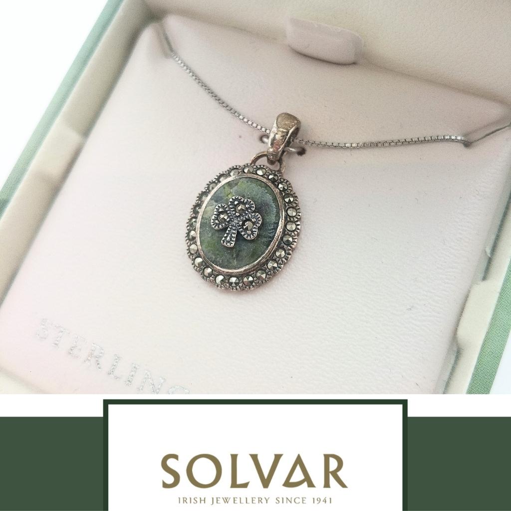 Connemara Marble and Marcasite Oval Shamrock Necklace