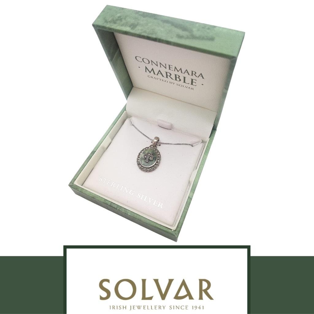 Connemara Marble and Marcasite Oval Shamrock Necklace
