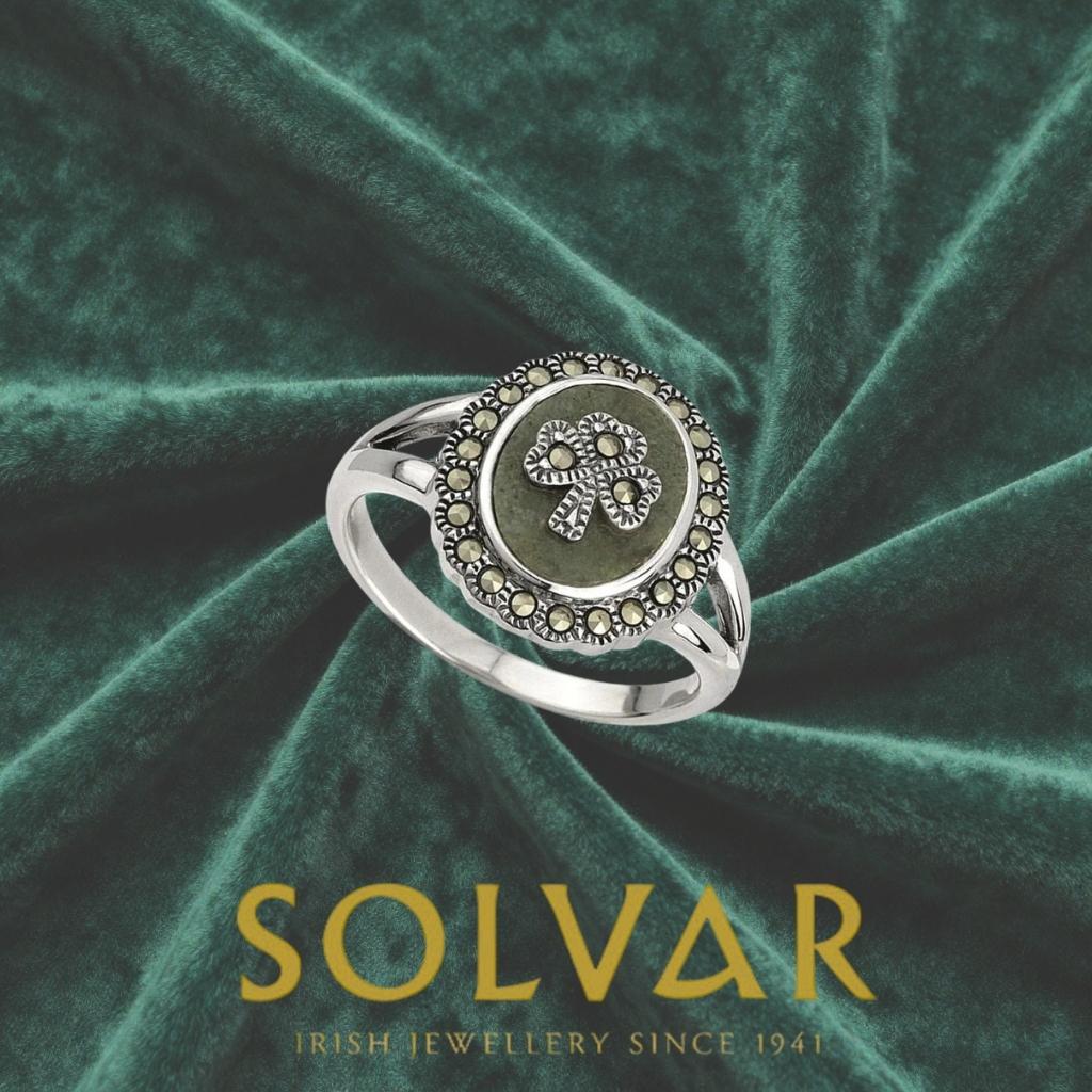 Connemara Marble and Marcasite Round Shamrock Ring