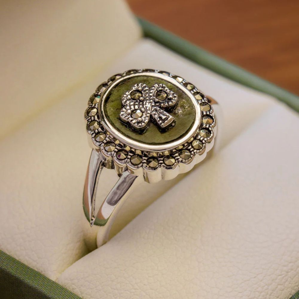 Connemara Marble and Marcasite Round Shamrock Ring