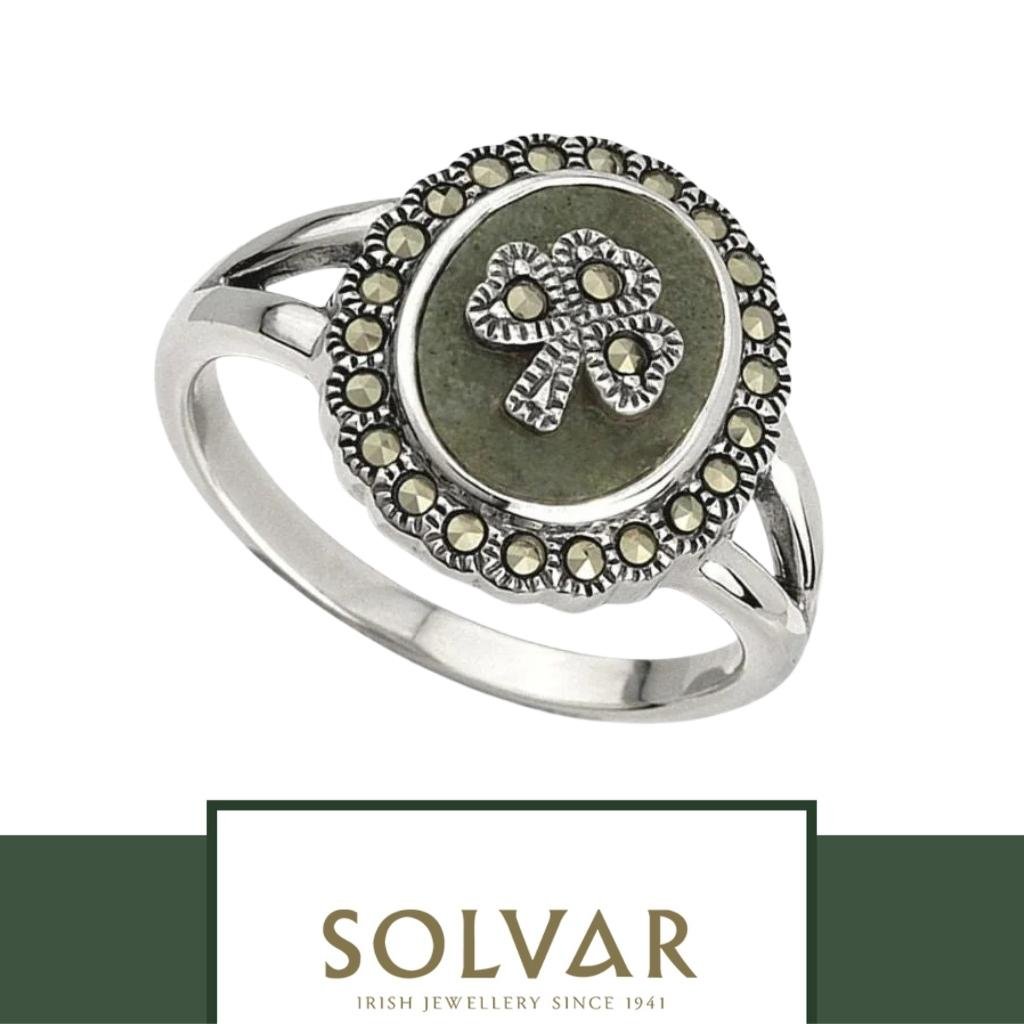 Connemara Marble and Marcasite Round Shamrock Ring