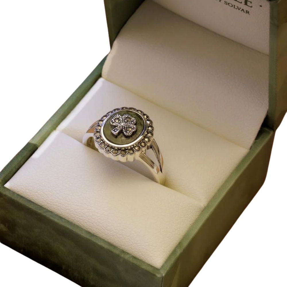 Connemara Marble and Marcasite Round Shamrock Ring