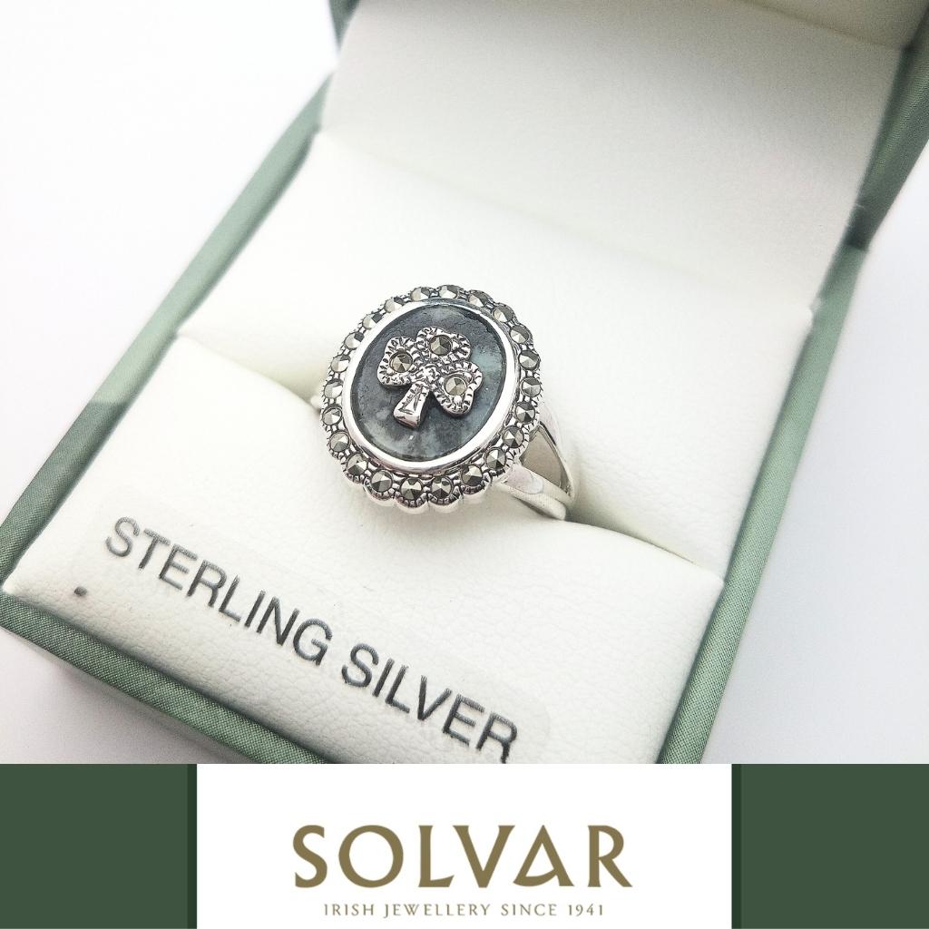 Connemara Marble and Marcasite Round Shamrock Ring