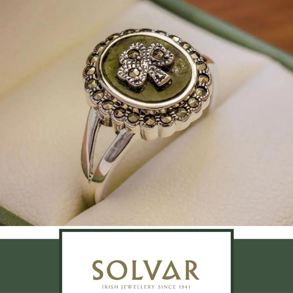 Connemara Marble and Marcasite Round Shamrock Ring