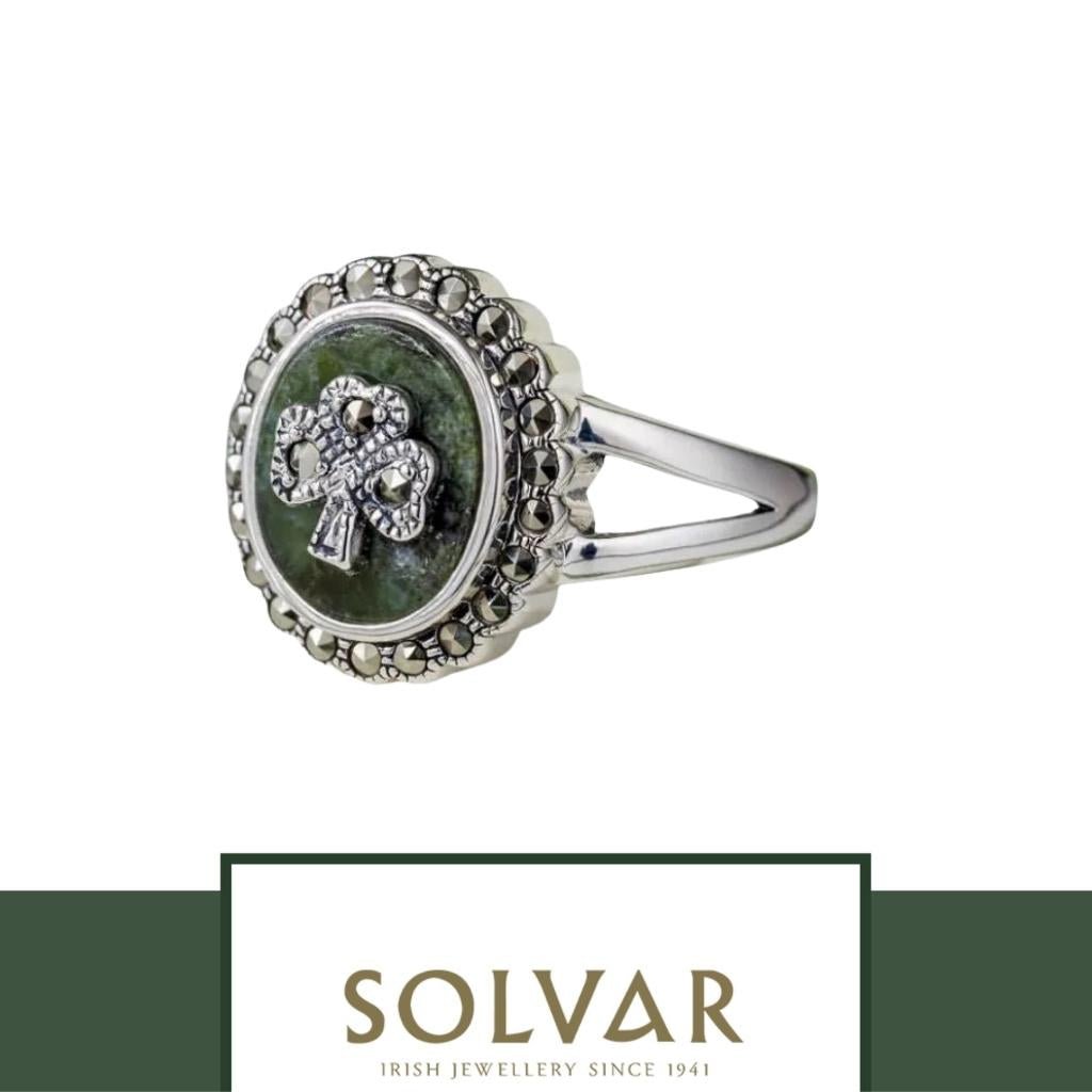 Connemara Marble and Marcasite Round Shamrock Ring