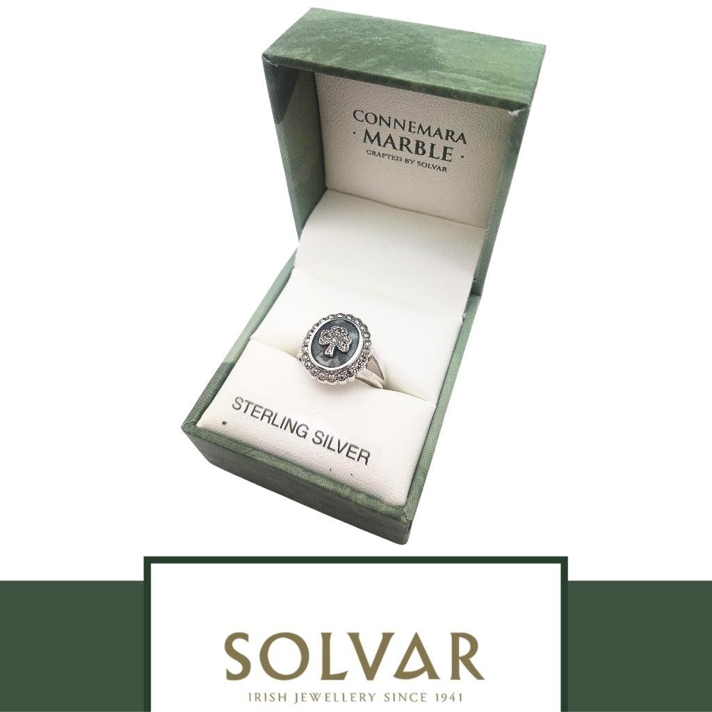 Connemara Marble and Marcasite Round Shamrock Ring