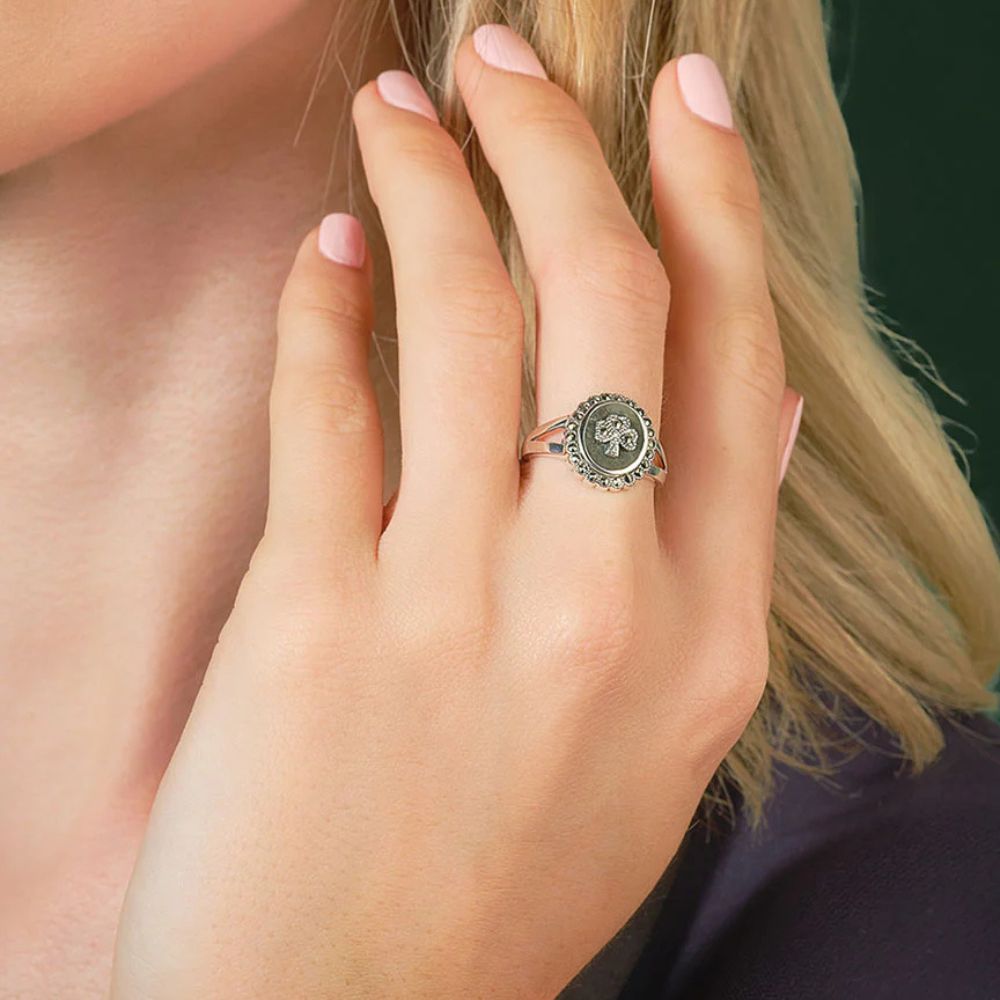 Connemara Marble and Marcasite Round Shamrock Ring