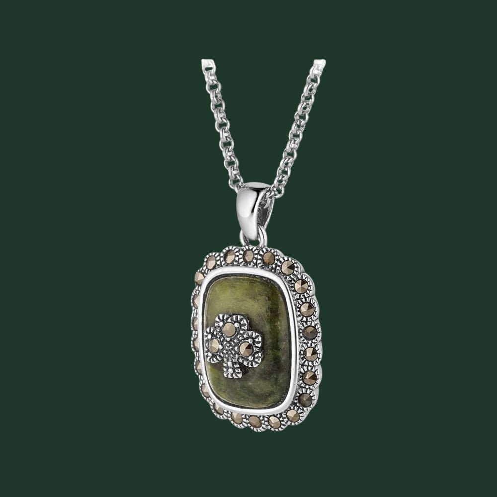 Connemara Marble and Marcasite Square Shamrock Necklace