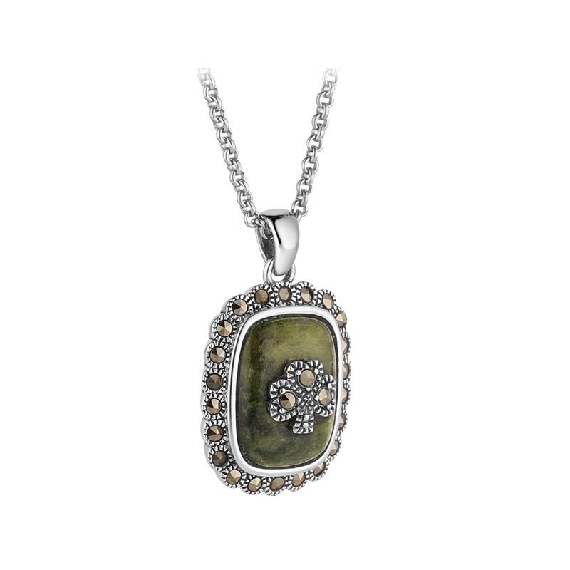 Connemara Marble and Marcasite Square Shamrock Necklace - The Celtic Gift Store - Necklaces