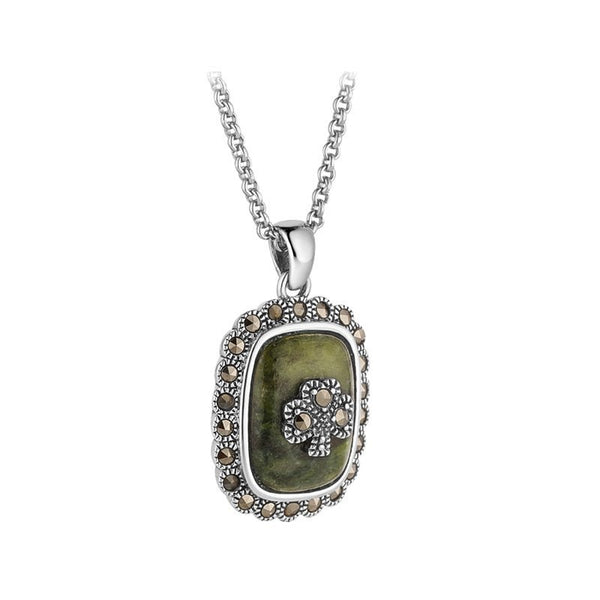 Connemara Marble and Marcasite Square Shamrock Necklace - The Celtic Gift Store - Necklaces