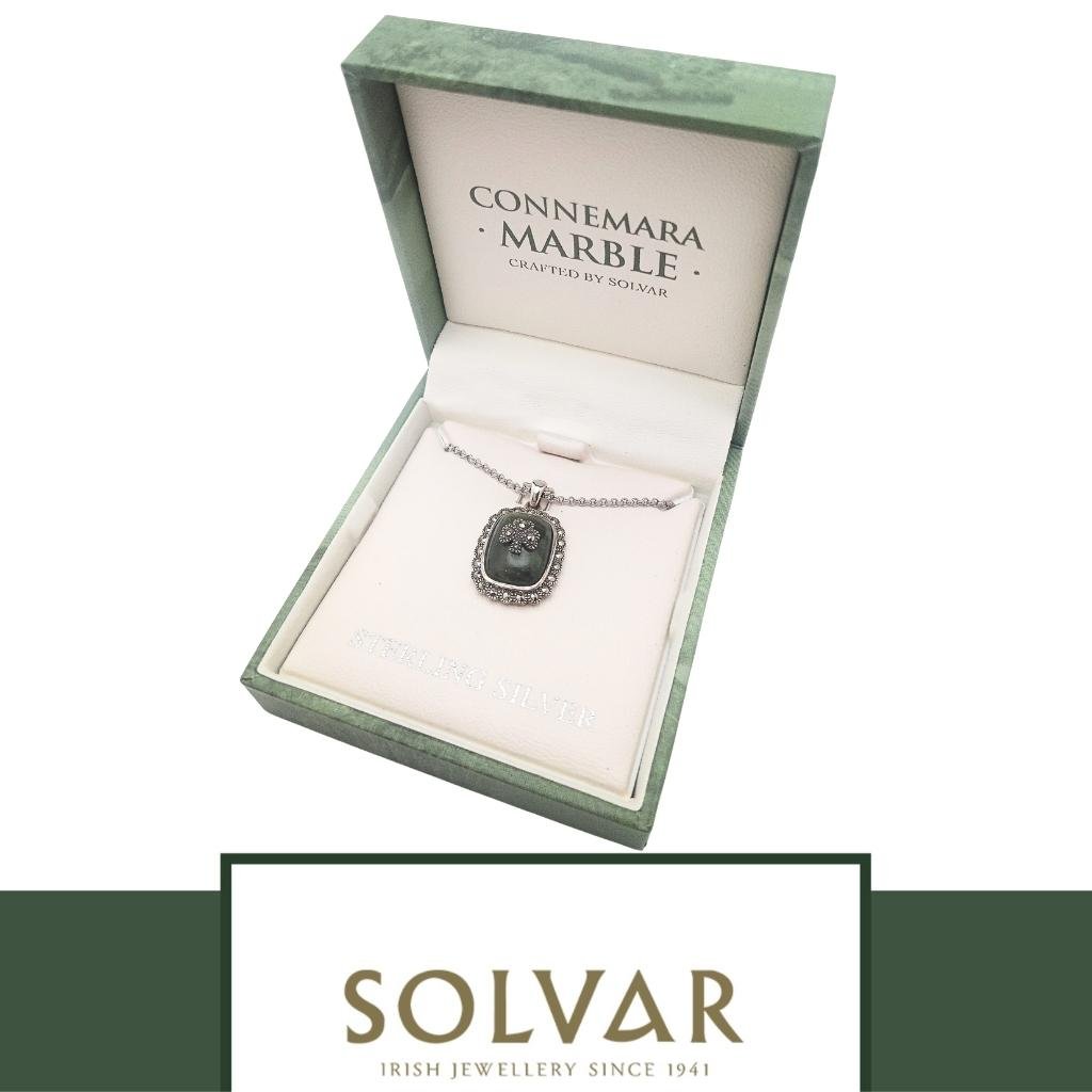 Connemara Marble and Marcasite Square Shamrock Necklace