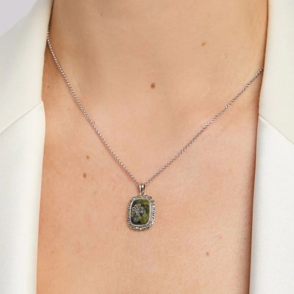 Connemara Marble and Marcasite Square Shamrock Necklace