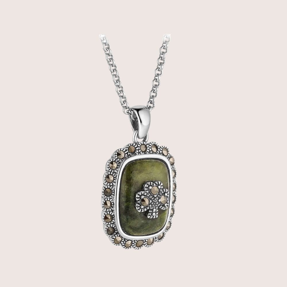 Connemara Marble and Marcasite Square Shamrock Necklace