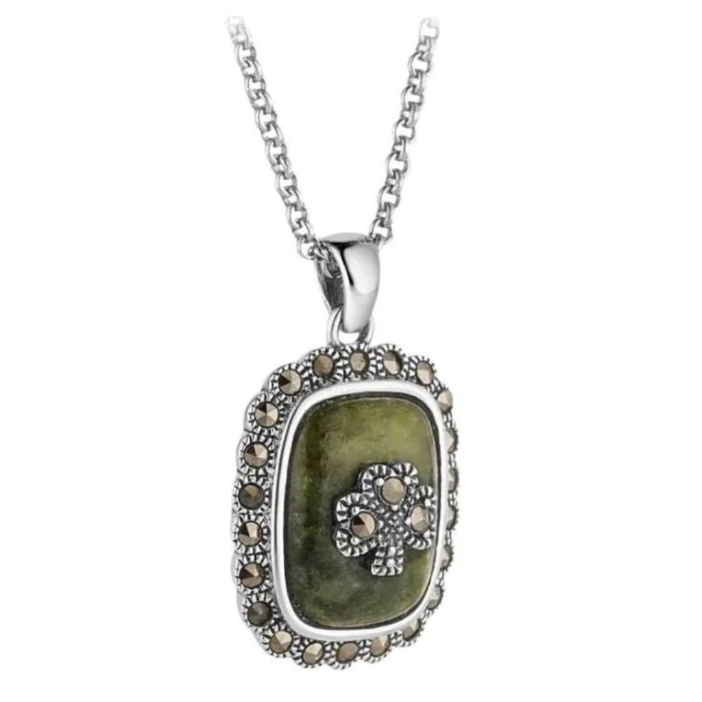 Connemara Marble and Marcasite Square Shamrock Necklace