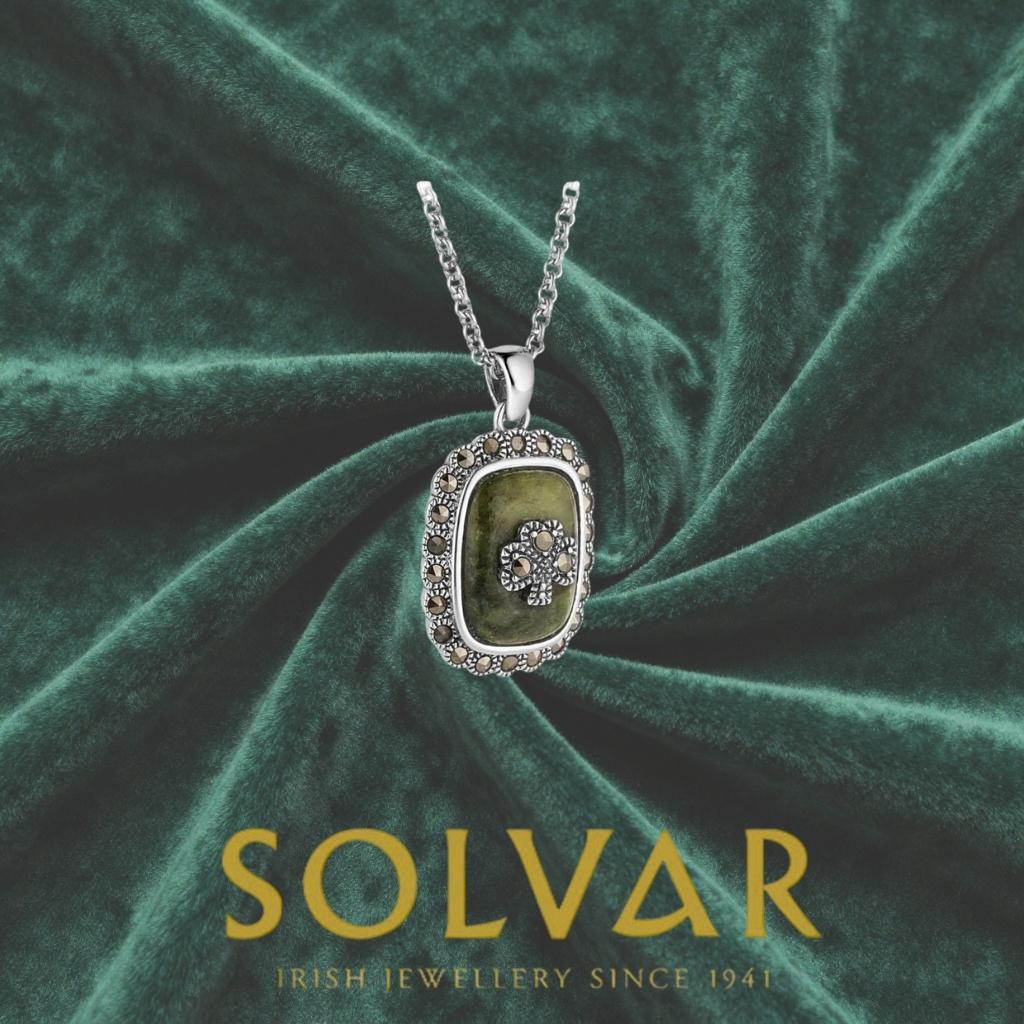 Connemara Marble and Marcasite Square Shamrock Necklace