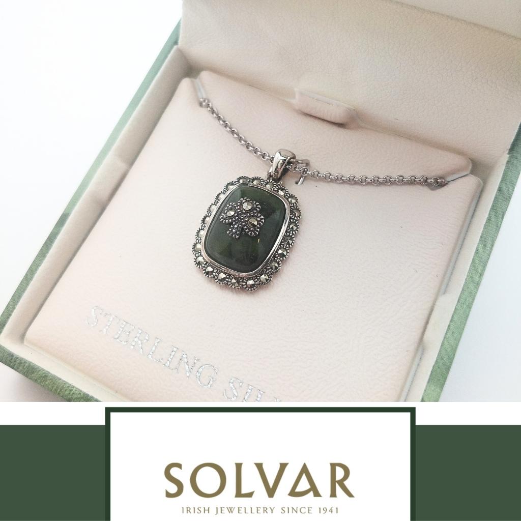 Connemara Marble and Marcasite Square Shamrock Necklace