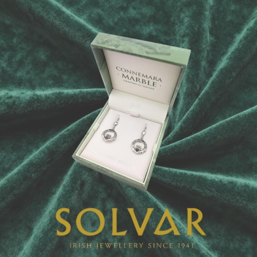 Connemara Marble and Marcasite Sterling Silver Claddagh Drop Earrings