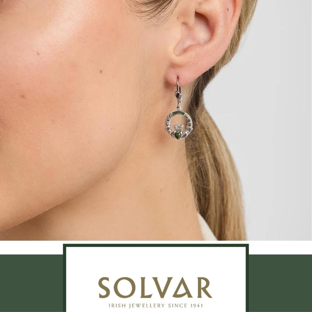 Connemara Marble and Marcasite Sterling Silver Claddagh Drop Earrings