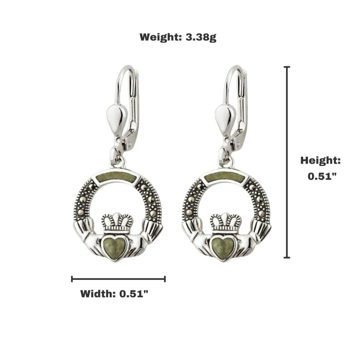 Connemara Marble and Marcasite Sterling Silver Claddagh Drop Earrings