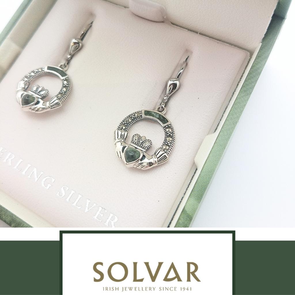 Connemara Marble and Marcasite Sterling Silver Claddagh Drop Earrings