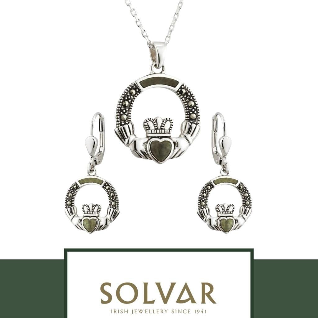 Connemara Marble and Marcasite Sterling Silver Claddagh Drop Earrings