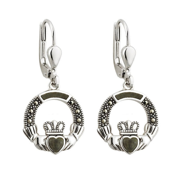 Connemara Marble and Marcasite Sterling Silver Claddagh Drop Earrings - The Celtic Gift Store - Earrings