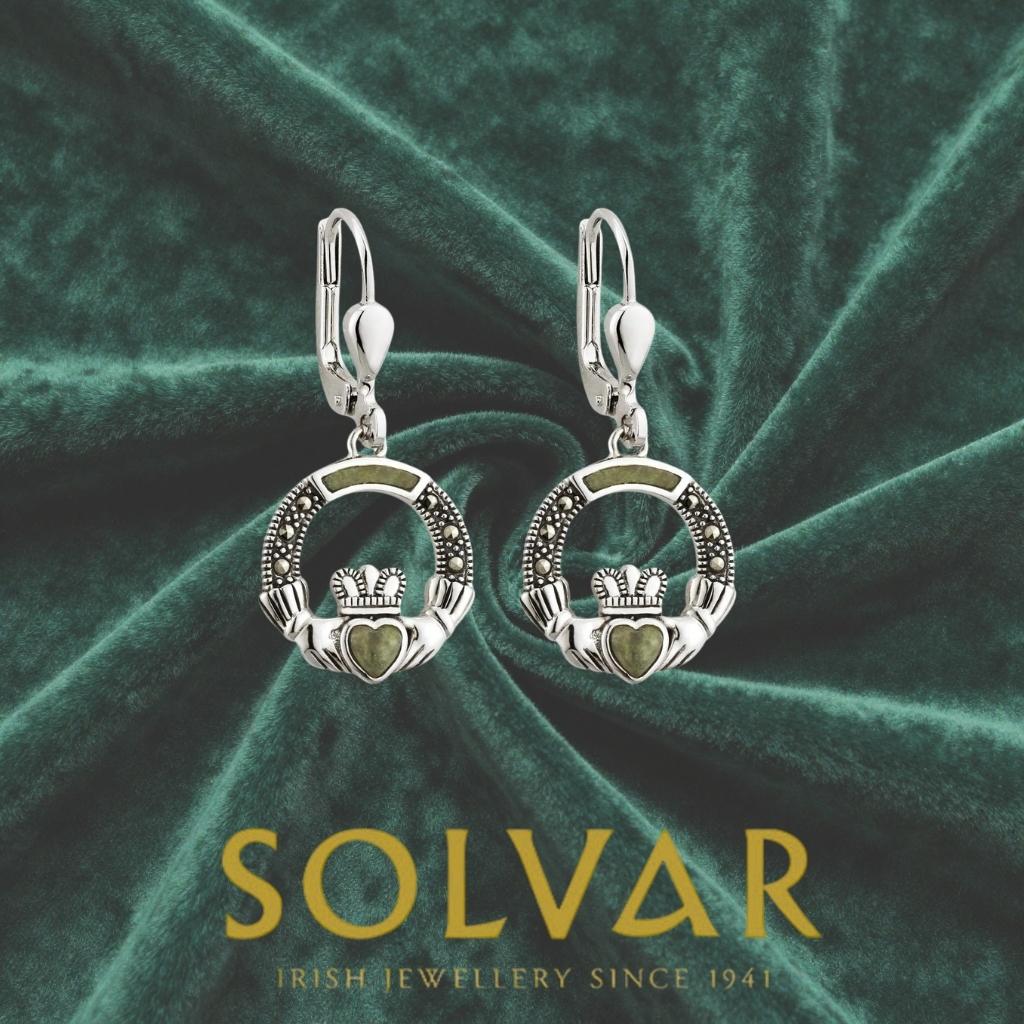 Connemara Marble and Marcasite Sterling Silver Claddagh Drop Earrings