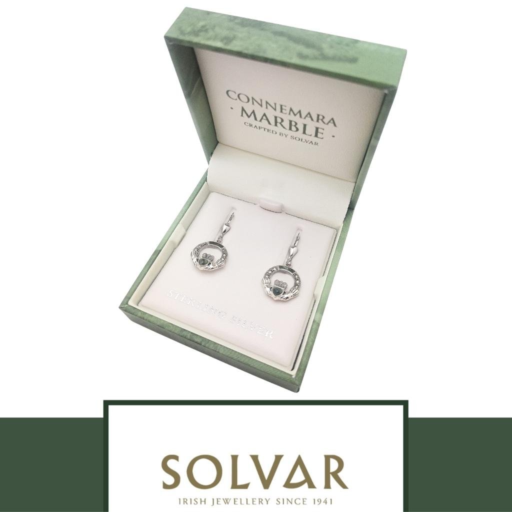 Connemara Marble and Marcasite Sterling Silver Claddagh Drop Earrings