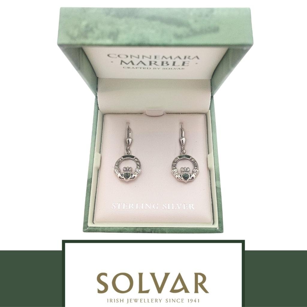 Connemara Marble and Marcasite Sterling Silver Claddagh Drop Earrings