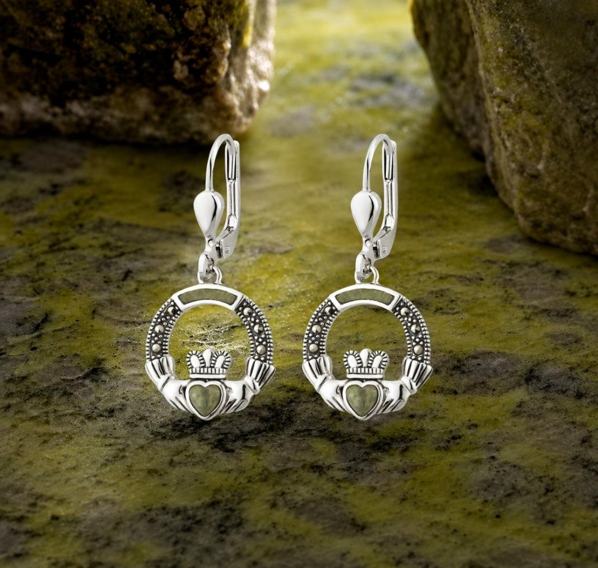 Connemara Marble and Marcasite Sterling Silver Claddagh Drop Earrings