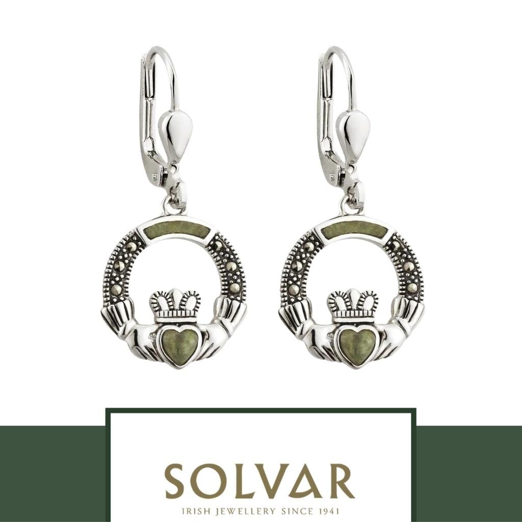 Connemara Marble and Marcasite Sterling Silver Claddagh Drop Earrings