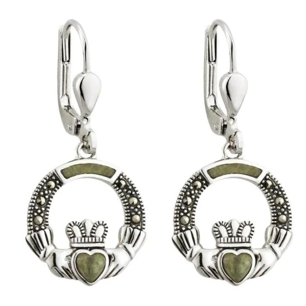 Connemara Marble and Marcasite Sterling Silver Claddagh Drop Earrings