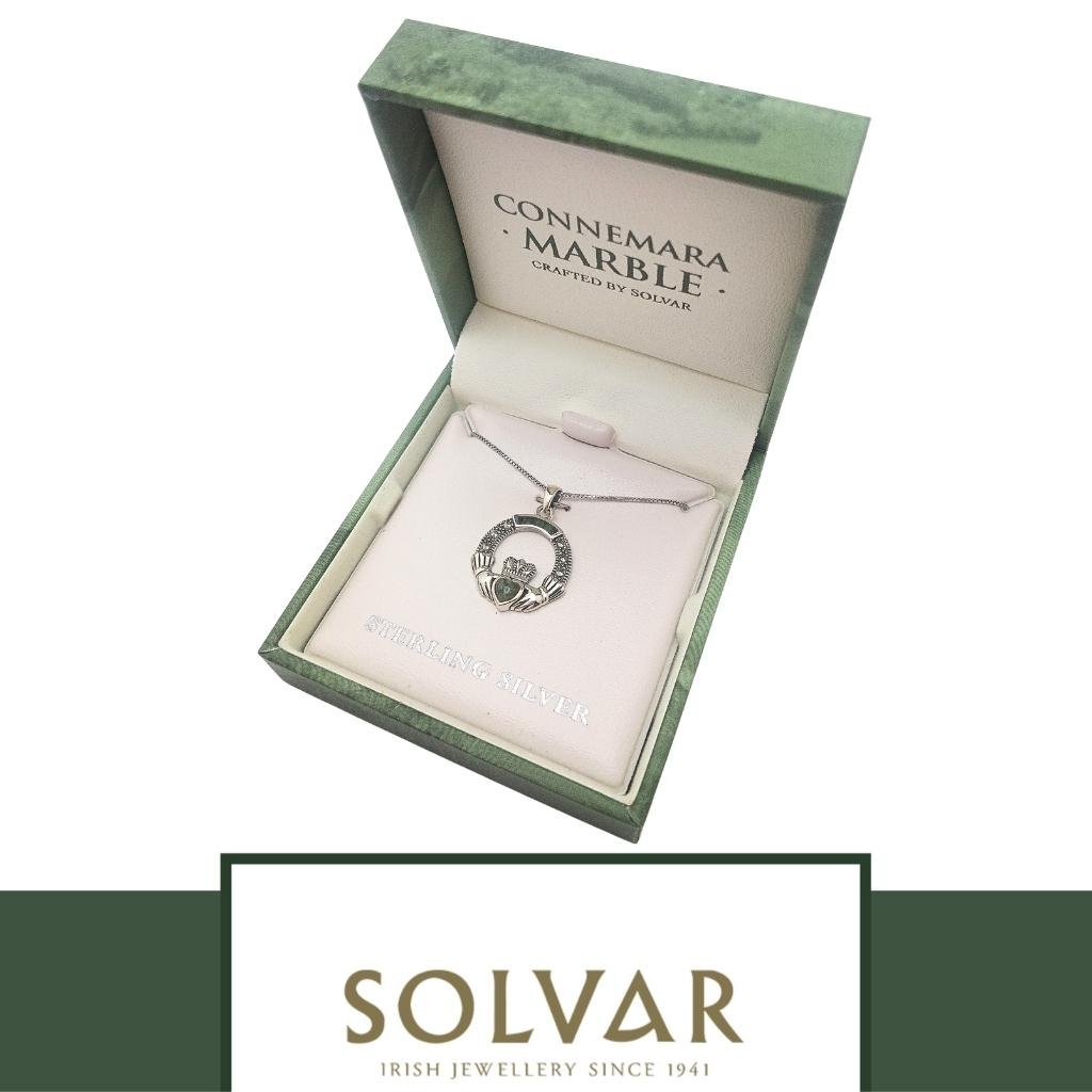Connemara Marble and Marcasite Sterling Silver Claddagh Necklace
