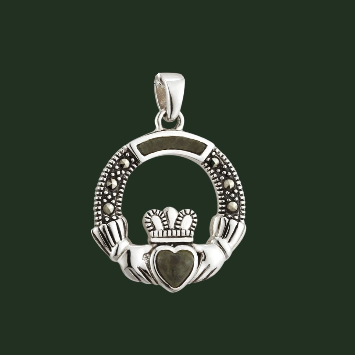 Connemara Marble and Marcasite Sterling Silver Claddagh Necklace