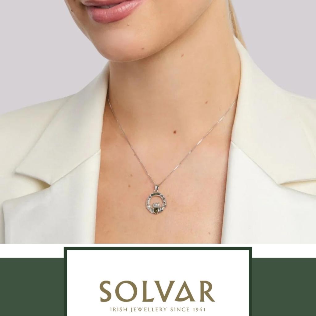 Connemara Marble and Marcasite Sterling Silver Claddagh Necklace