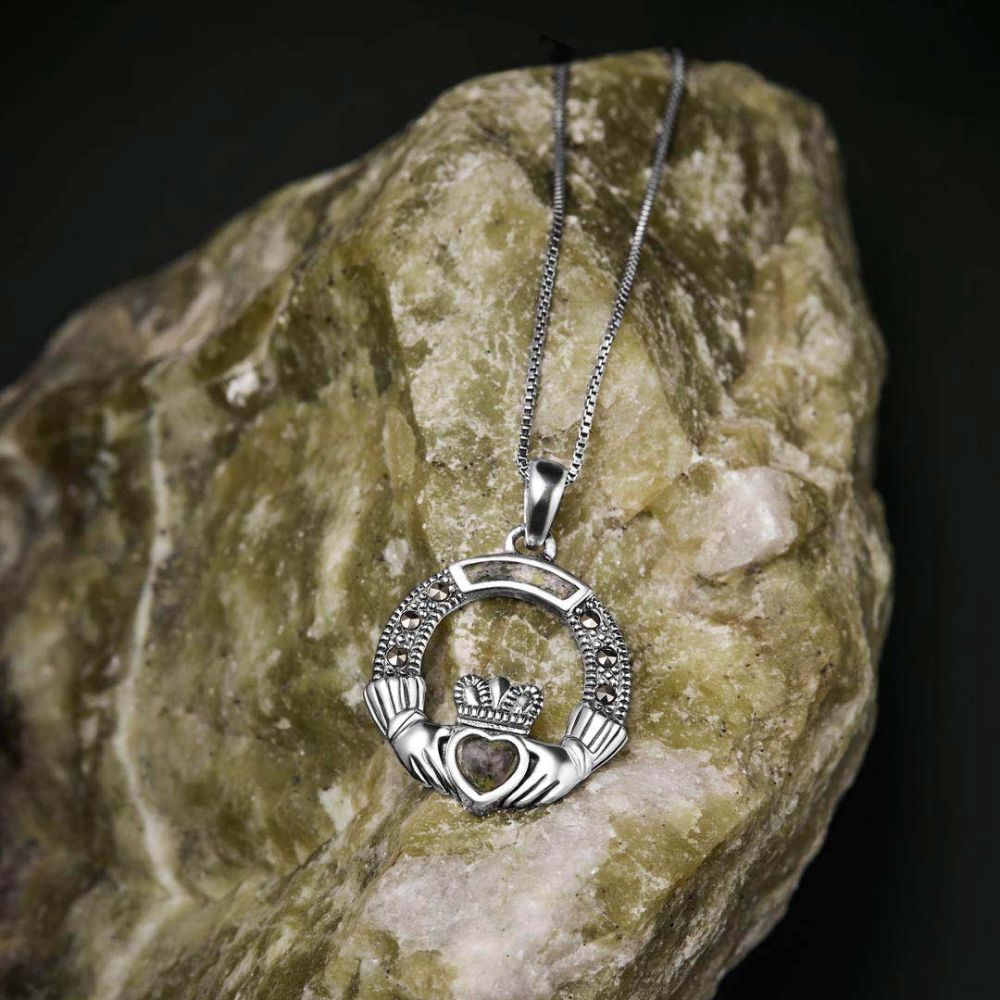 Connemara Marble and Marcasite Sterling Silver Claddagh Necklace