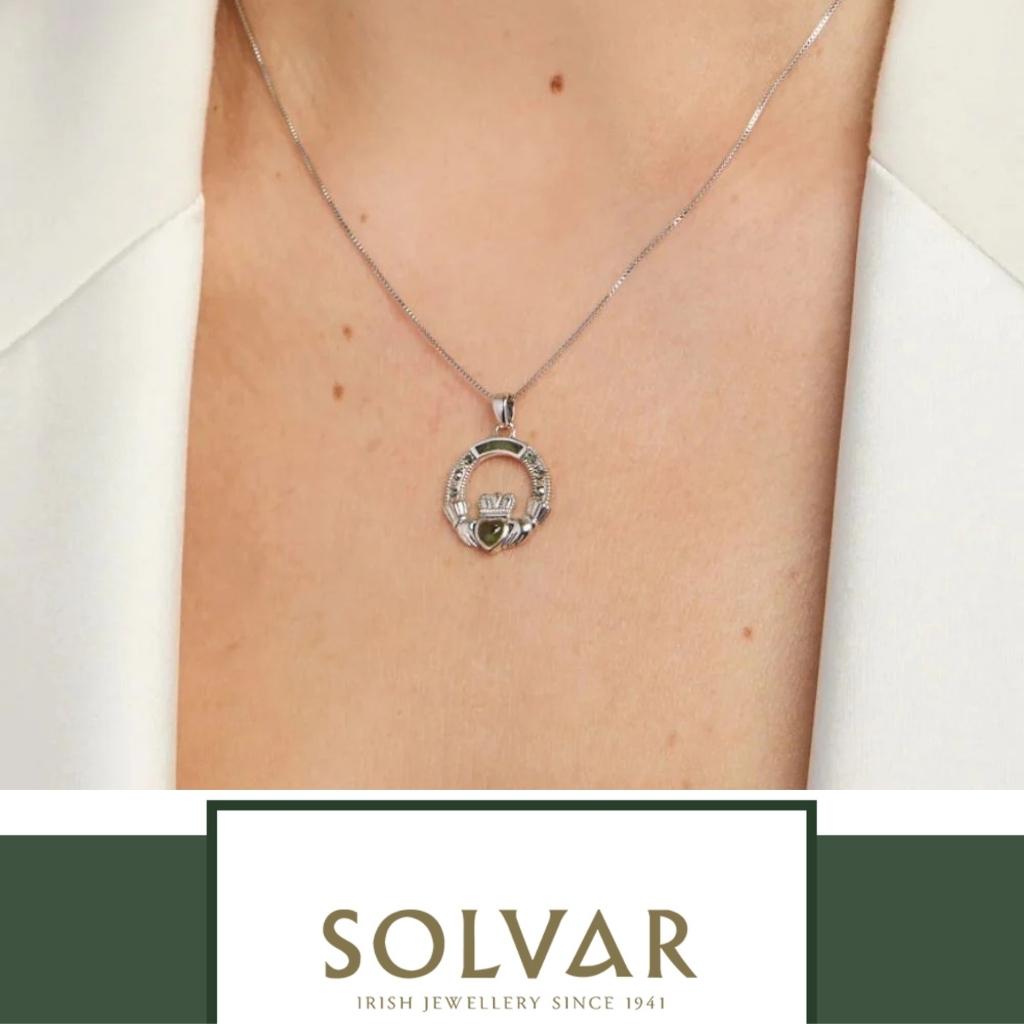 Connemara Marble and Marcasite Sterling Silver Claddagh Necklace