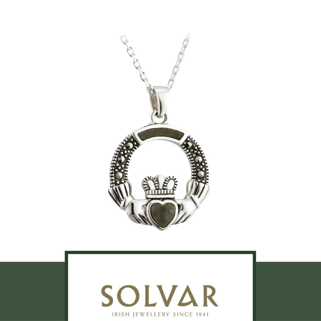 Connemara Marble and Marcasite Sterling Silver Claddagh Necklace