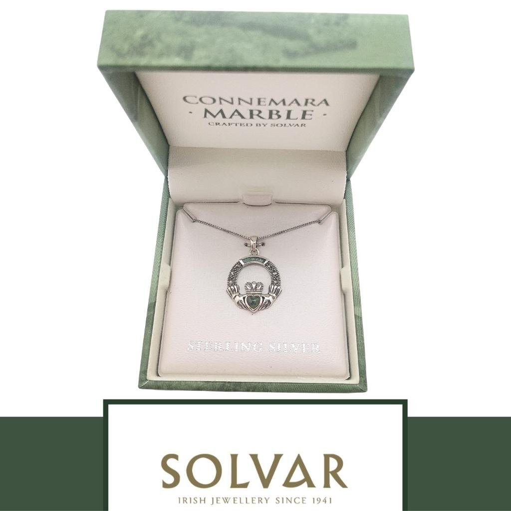 Connemara Marble and Marcasite Sterling Silver Claddagh Necklace