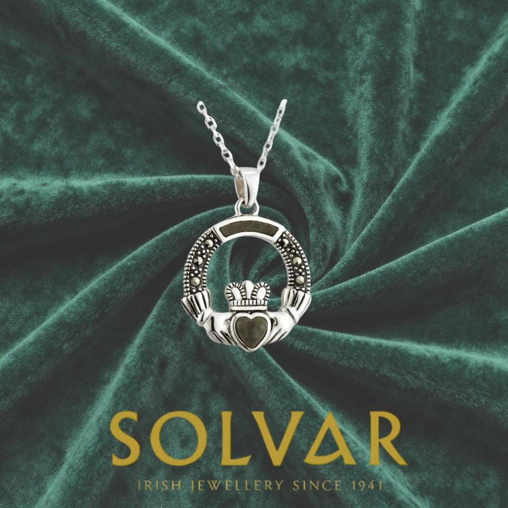 Connemara Marble and Marcasite Sterling Silver Claddagh Necklace