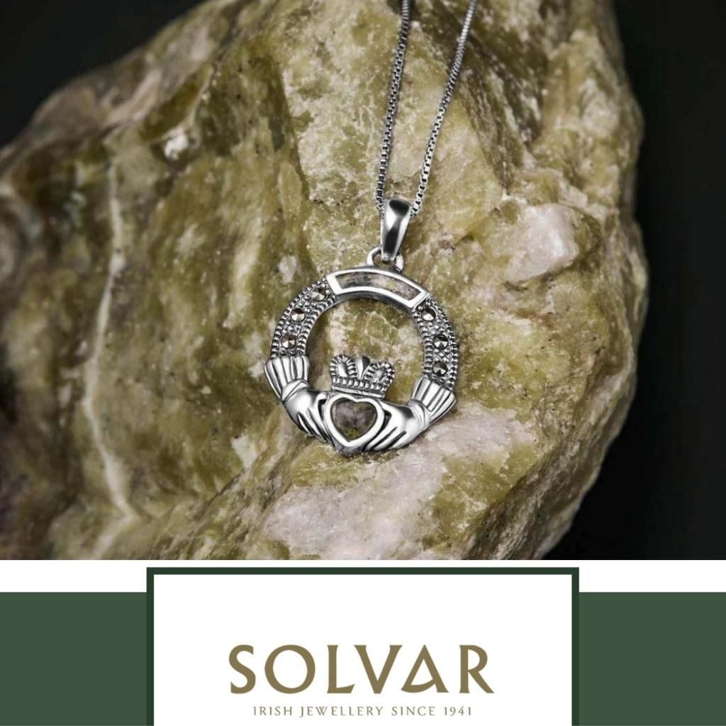 Connemara Marble and Marcasite Sterling Silver Claddagh Necklace