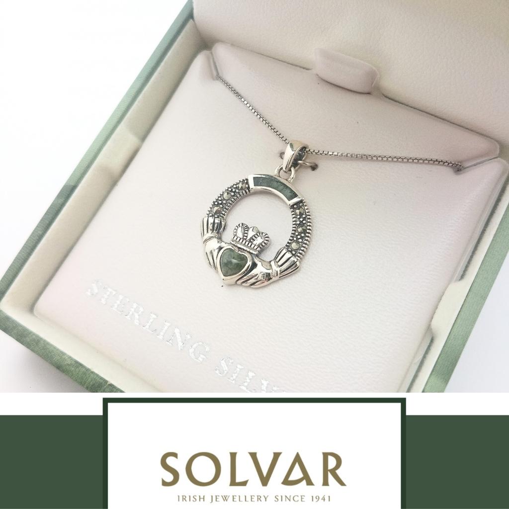 Connemara Marble and Marcasite Sterling Silver Claddagh Necklace