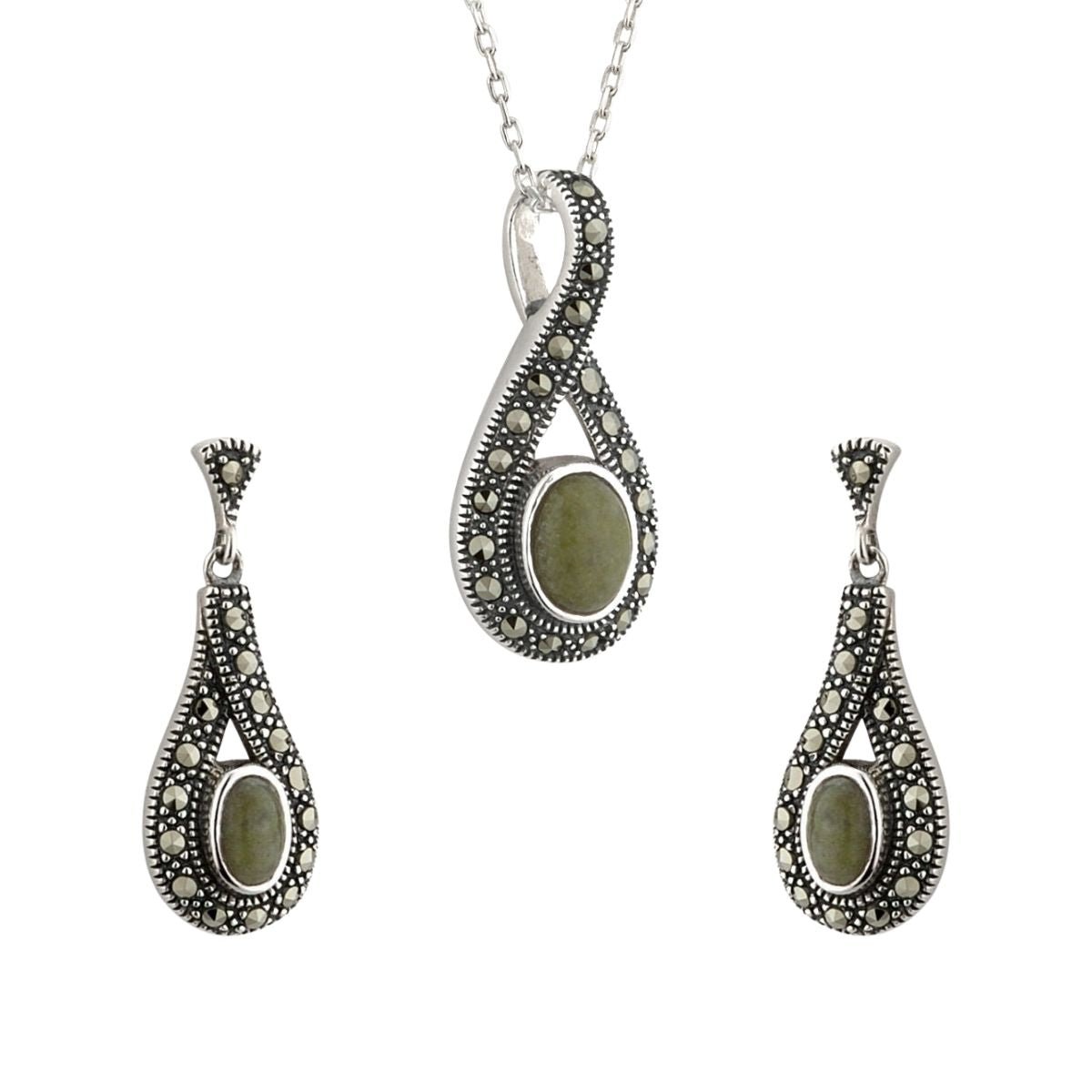 Connemara Marble and Marcasite Sterling Silver Loop Necklace