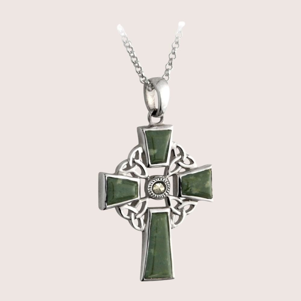 Connemara Marble and Marcasite Trinity Knot Celtic Cross
