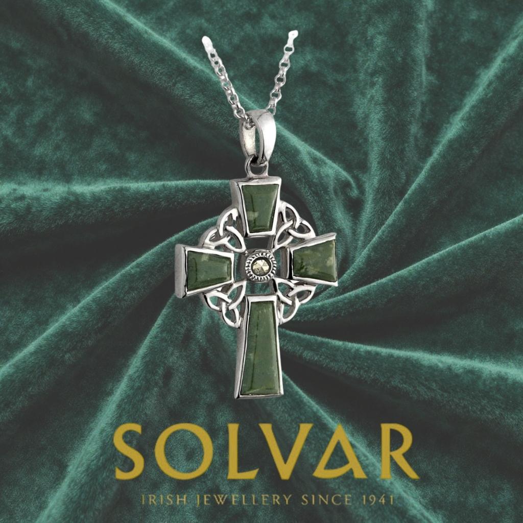Connemara Marble and Marcasite Trinity Knot Celtic Cross